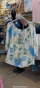 The Anna - Blue Bardot Flower Tassel Top