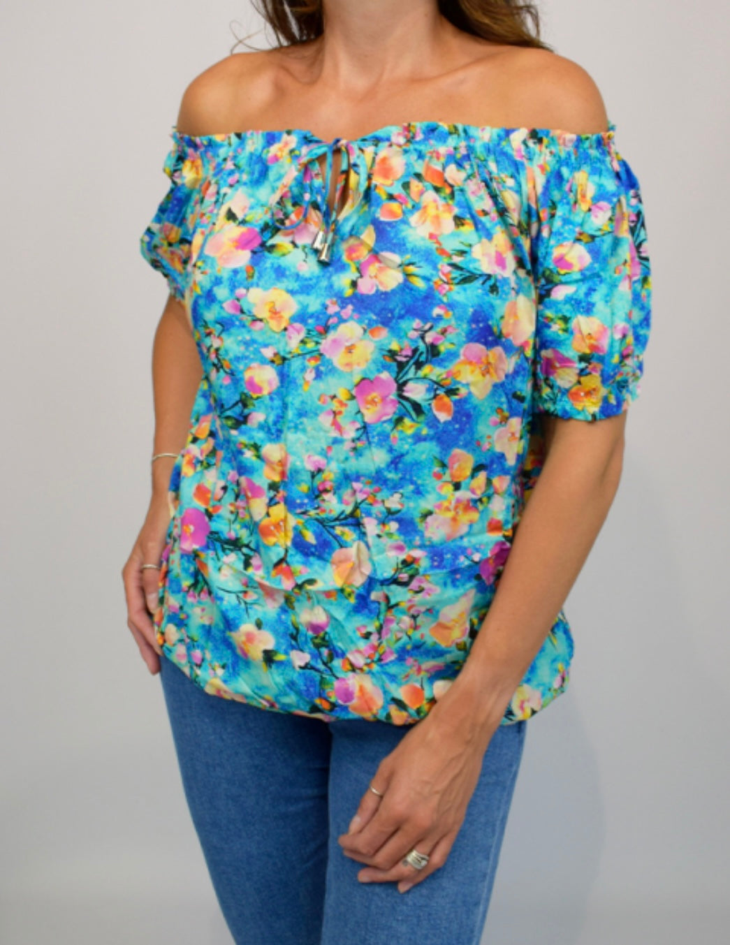 The Gypsy Bardot - Light Blue Flower top